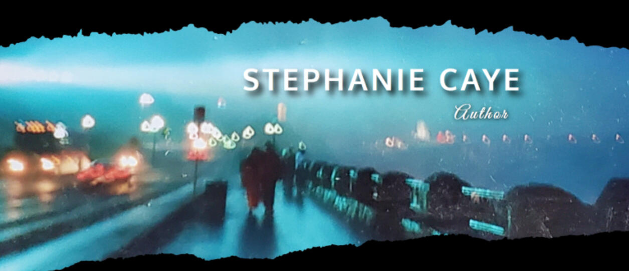 Site Header Website header is a slightly blurry, rainy night shot of several people walking on a sidewalk between a street lit with headlights and a stone wall. Text says Stephanie Caye, Author