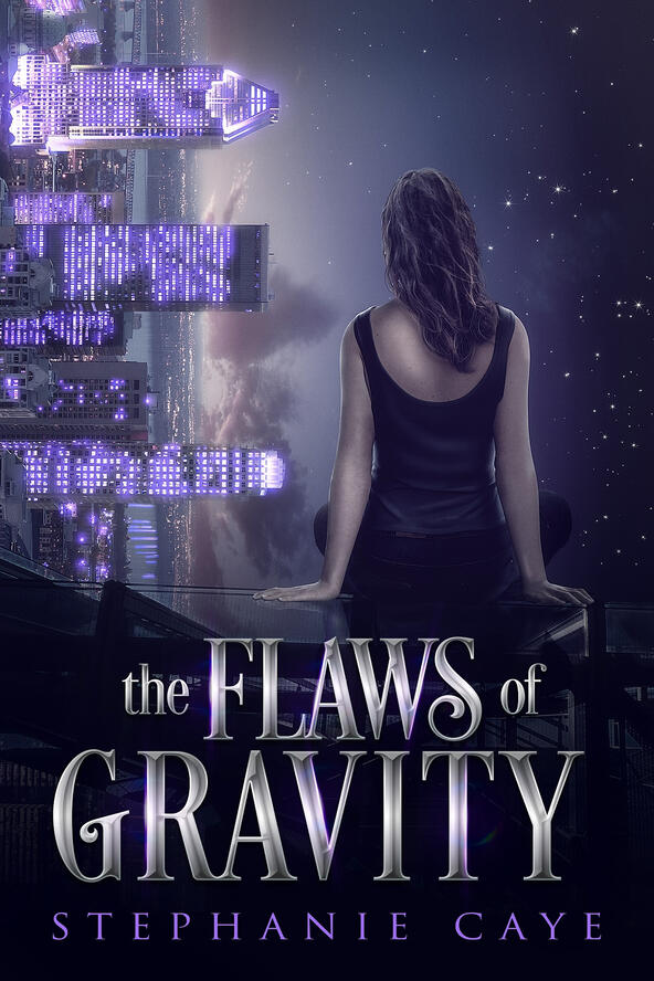 The Flaws of Gravity cover Book cover for The Flaws of Gravity by Stephanie Caye. A dark-haired woman sits with her back to the viewer, looking out on the night skyline of Montreal, which is tilted in front of her at a 90 degree angle.